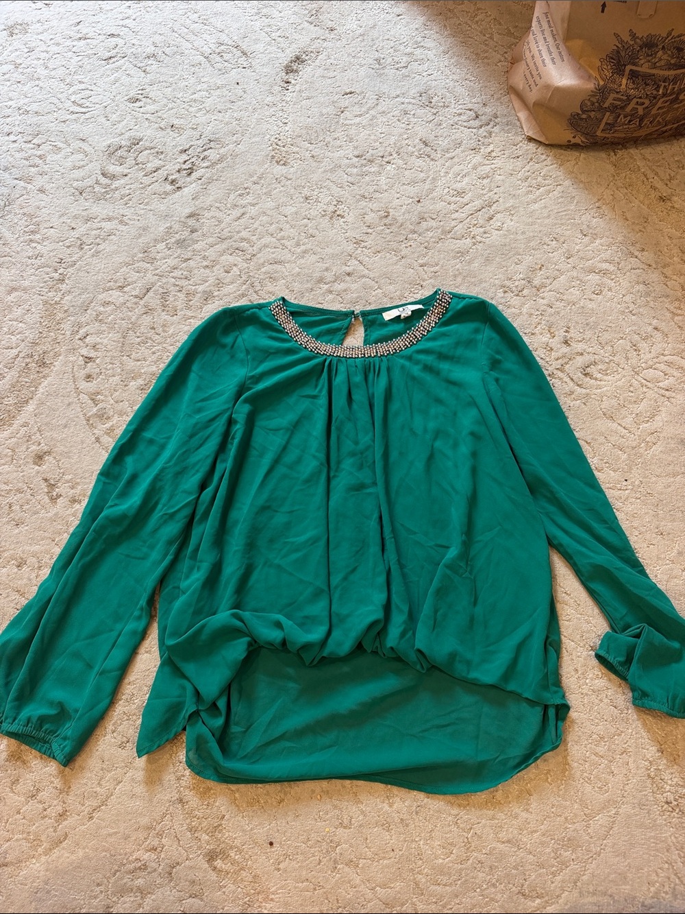 Ya Los Angeles Teal Embellished Neck Blouse